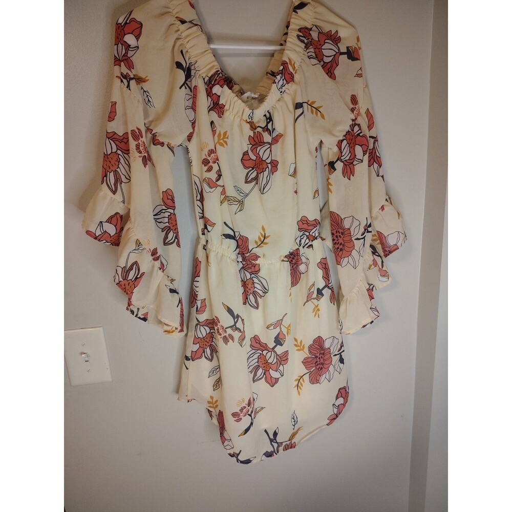 Hint Of Blush -Off Shoulder -Floral Ruffle Sleeve- Chiffon- Above KneeDress